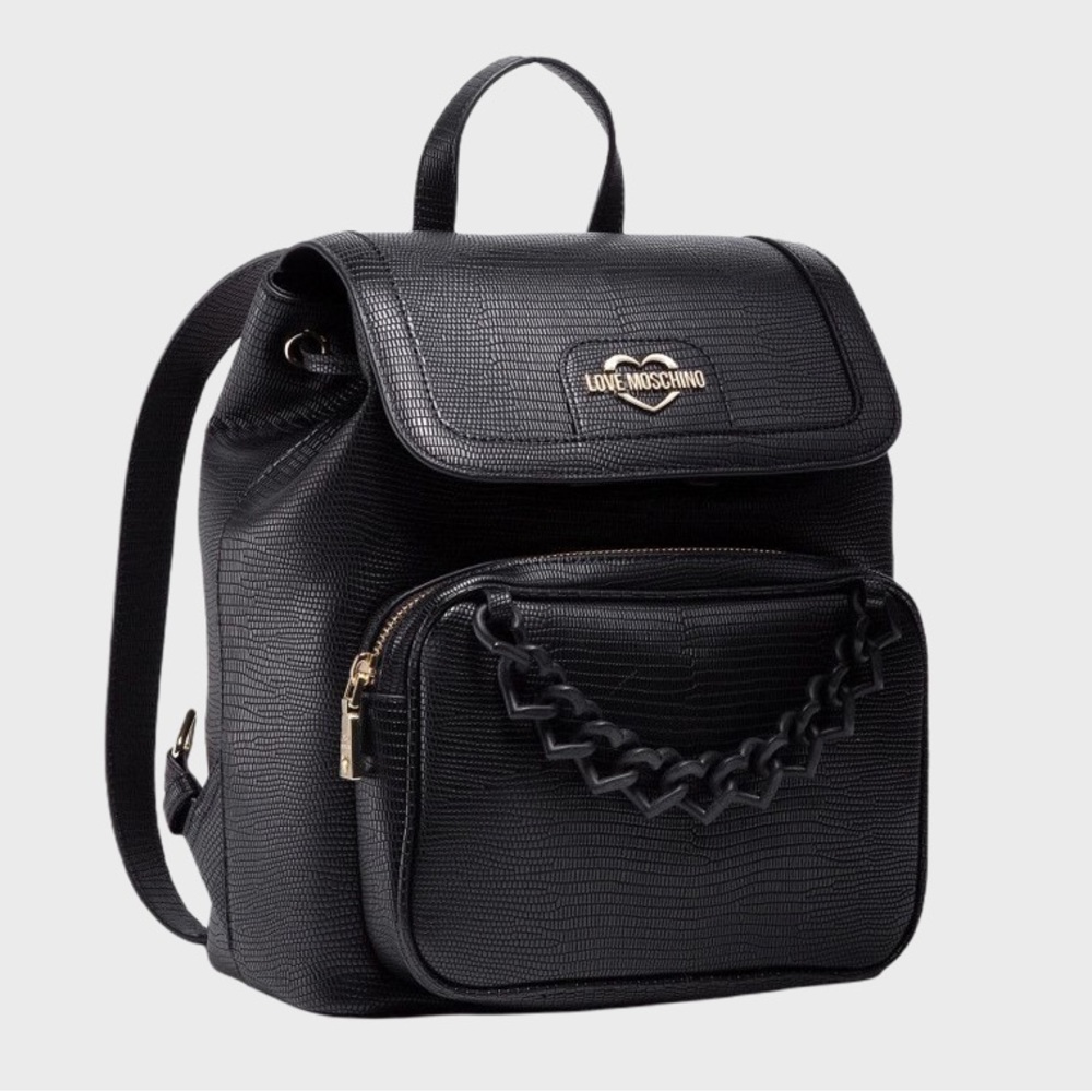 Love Moschino Black Leather Backpack with Drawstring & Black Heart Chain NWT - Picture 1 of 4